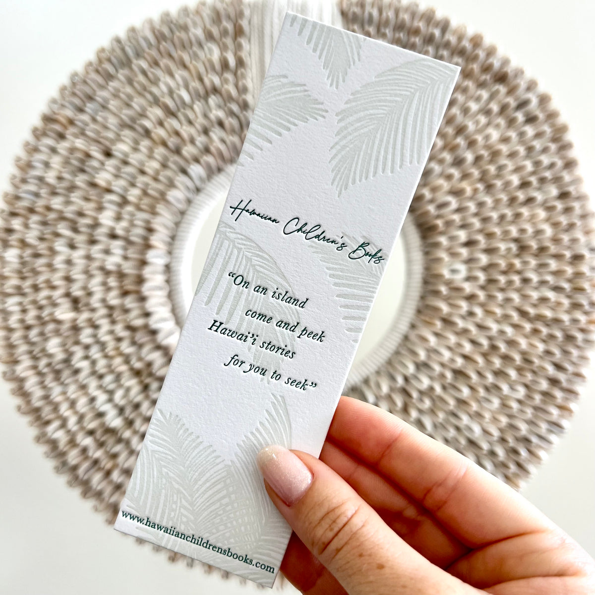 Letterpress bookmark with green palm frond pattern, made for Hawaii children's book gift sets