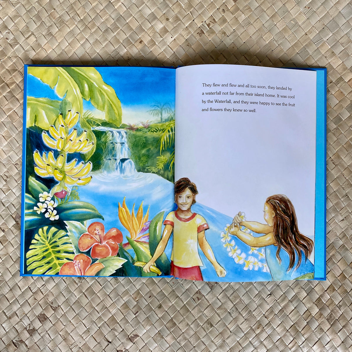 Interior illustration from The Magical Journey from Hawaii showing a magical bird and faraway lands